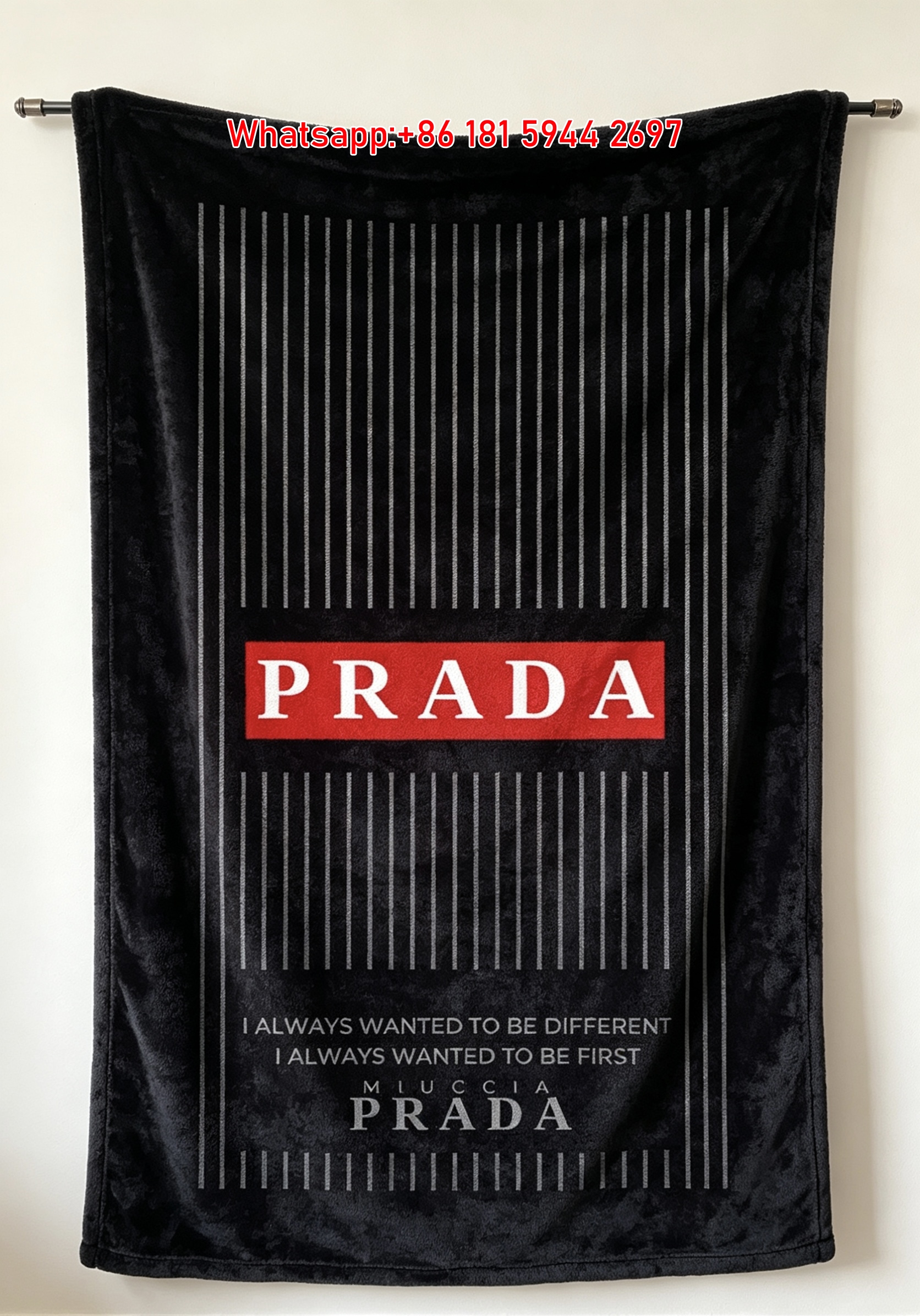 Prada Black Red and White Striped Logo Flannel Throw Blanket IMG_2776